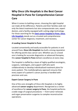 Comprehensive Cancer Treatment in Pune – Onco Life Hospitals