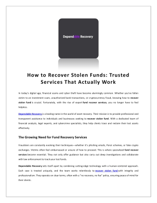Stolen Fund Recovery Services in USA | Dependable Recovery