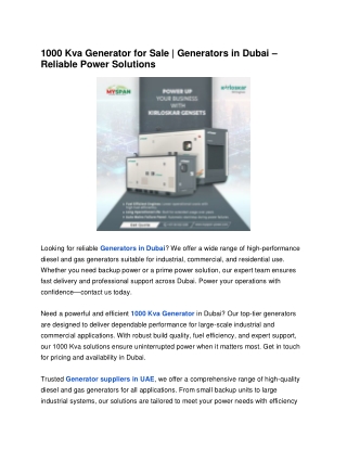 1000 Kva Generator for Sale | Generators in Dubai – Reliable Power Solutions