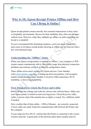 Why Is My Epson Receipt Printer Offline and How Can I Bring It Online