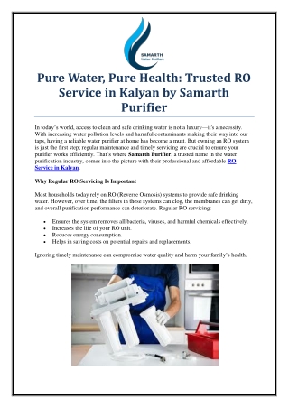 Top-Rated RO Service in Kalyan by Samarth Purifier