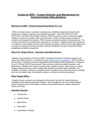 Tangee by OEW – Trusted Hydraulic Jack Manufacturer for Industrial-Grade Lifting