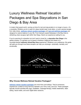 Luxury Wellness Retreat Vacation Packages and Spa Staycations in San Diego & Bay Area