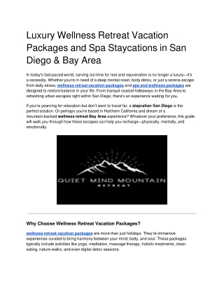 Luxury Wellness Retreat Vacation Packages and Spa Staycations in San Diego & Bay Area