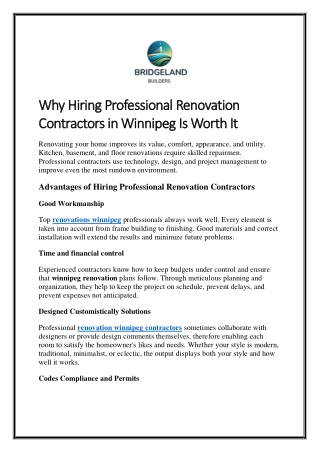 Why Hiring Professional Renovation Contractors in Winnipeg Is Worth It