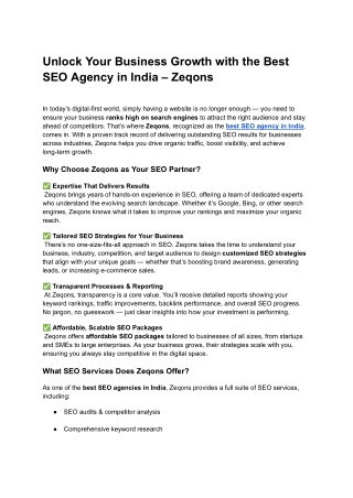 Unlock Your Business Growth with the Best SEO Agency in India – Zeqons