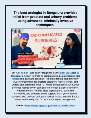 The best urologist in Bengaluru provides relief from prostate and urinary problems using advanced, minimally invasive te