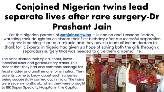 Conjoined Nigerian twins lead separate lives after rare surgery-Dr Prashant Jain