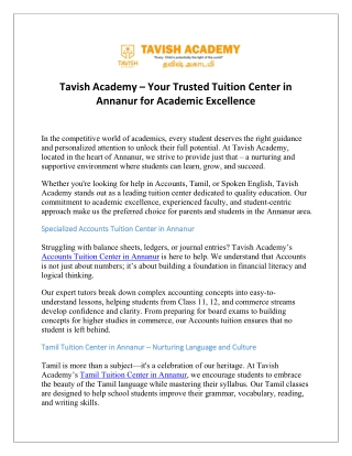 Tavish Academy – Your Trusted Tuition Center in Annanur for Academic Excellence