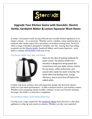 Upgrade Your Kitchen Game with StoreA2z Electric Kettle, Sandwich Maker & Lemon Squeezer Must-Haves