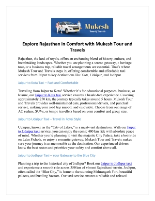 Explore Rajasthan in Comfort with Mukesh Tour and Travels