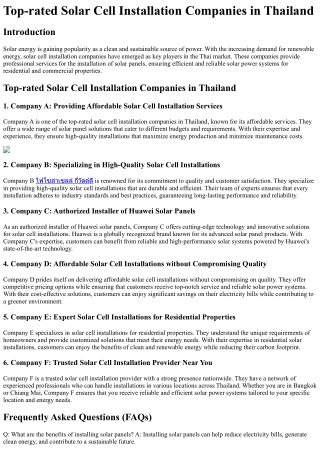 Top-rated Solar Cell Installation Companies in Thailand