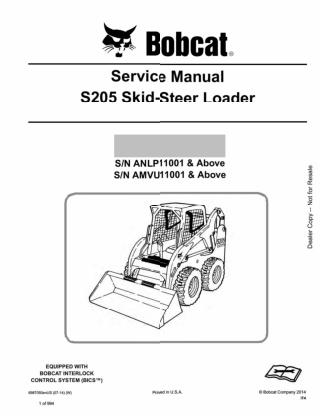 BOBCAT S205 SKID STEER LOADER Service Repair Manual Instant Download (SN ANLP11001 and Above)