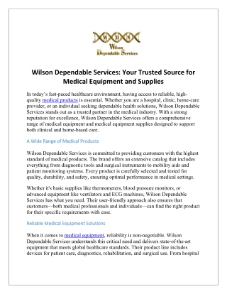 Wilson Dependable Services Your Trusted Source for Medical Equipment and Supplies