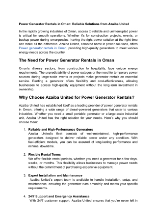 Power Generator Rentals in Oman_ Reliable Solutions from Azaiba United