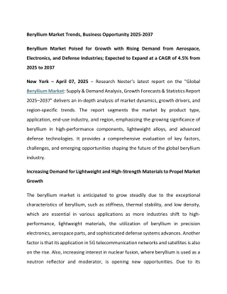 Beryllium Market Trends, Business Opportunity 2025-2037