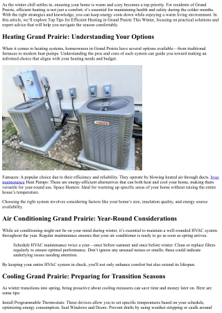 Top Tips for Efficient Heating in Grand Prairie This Winter