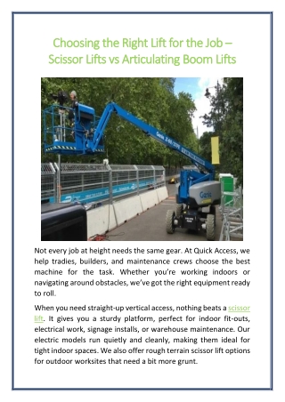Choosing the Right Lift for the Job – Scissor Lifts vs Articulating Boom Lifts