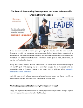 Role of Personality Development Institutes in Mumbai in Shaping Future Leaders
