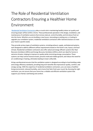 Trusted Residential Ventilation Contractors for Healthier Indoor Air