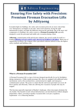 AdityaEng – Reliable Fireman Evacuation Lift Manufacturer in Mumbai