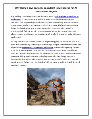 Why Hiring a Civil Engineer Consultant in Melbourne for All Construction Projects