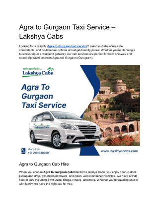Agra to Gurgaon Taxi Service – Lakshya Cabs