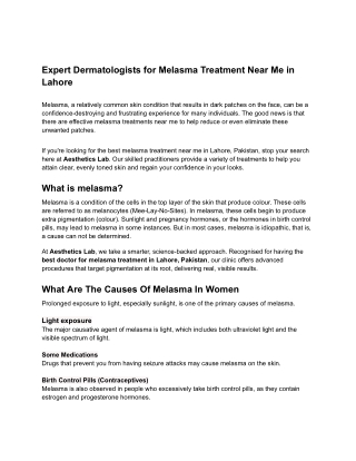 Expert Dermatologists for Melasma Treatment Near Me in Lahore