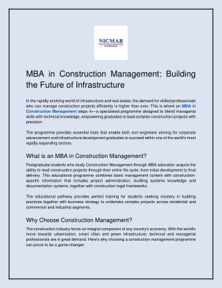 MBA in Construction Management: Building the Future of Infrastructure