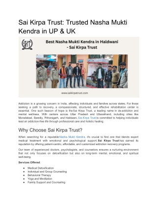Sai Kirpa Trust: Trusted Nasha Mukti Kendra in UP & UK