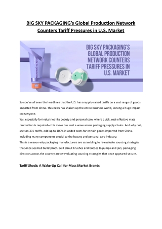 BIG SKY PACKAGING’s Global Production Network Counters Tariff Pressures