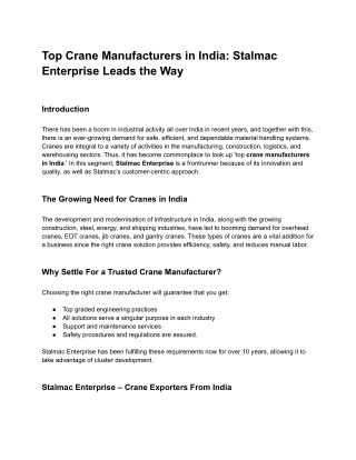 Top Crane Manufacturers in India_ Stalmac Enterprise Leads the Way