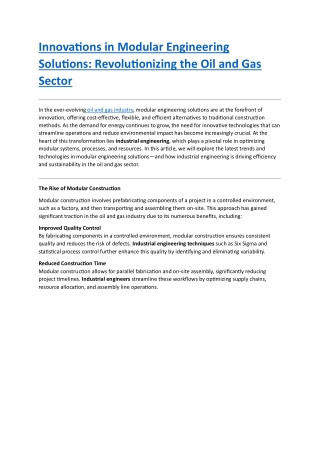 Innovations in Modular Engineering Solutions: Revolutionizing the Oil and Gas Se