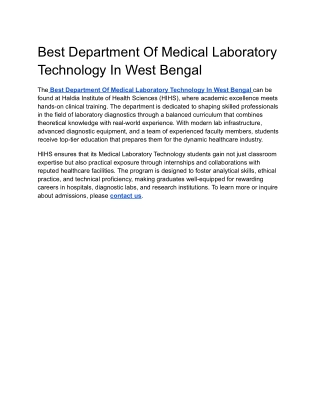 Best Department Of Medical Laboratory Technology In West Bengal