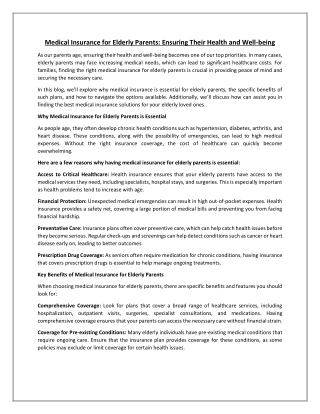 Medical Insurance for Elderly Parents- Ensuring Their Health and Well-being
