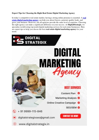 Expert Tips for Choosing the Right Real Estate Digital Marketing Agency - digitalstrategix