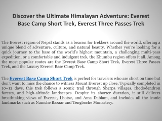 Discover the Ultimate Himalayan Adventure Everest Base Camp Short Trek, Everest Three Passes Trek