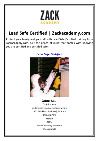 Lead Safe Certified  Zackacademy.com