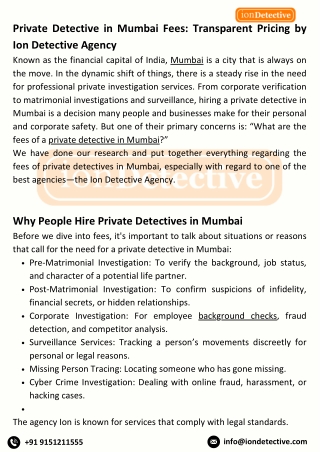 Private Detective in Mumbai Fees