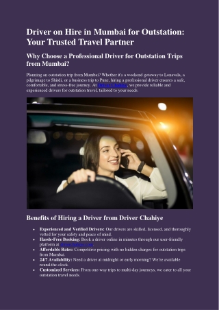 Driver on Hire in Mumbai for Outstation