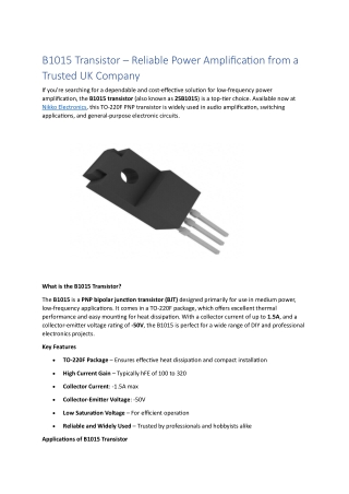B1015 Transistor – Reliable Power Amplification from a Trusted UK Company