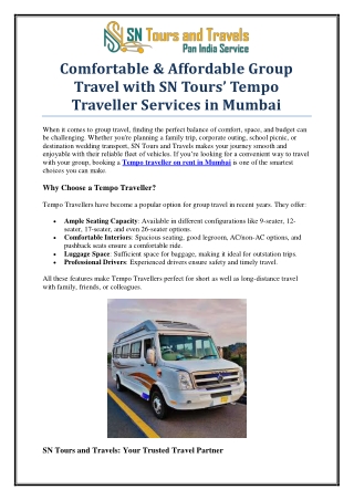 Book Tempo Traveller on Rent in Mumbai for Group Travel – SN Tours and Travels
