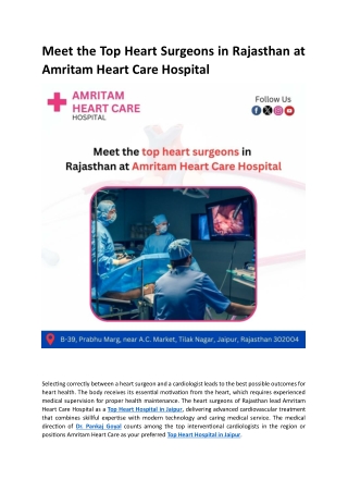 Meet the Top Heart Surgeons in Rajasthan at Amritam Heart Care Hospital