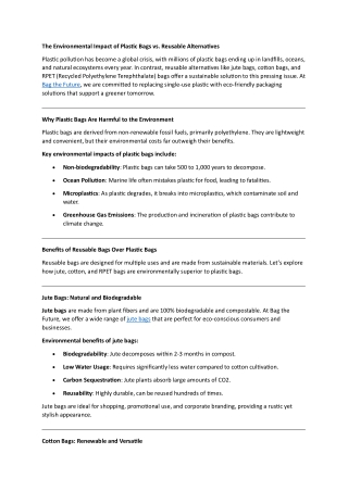 The Environmental Impact of Plastic Bags vs Reusable Alternatives: A Sustainable