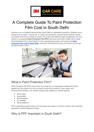 A Complete Guide To Paint Protection Film Cost in South Delhi