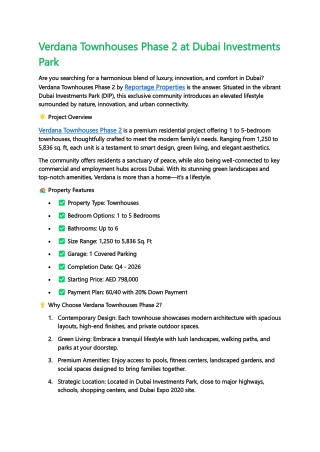 Verdana Townhouses Phase 2 at Dubai Investments Park