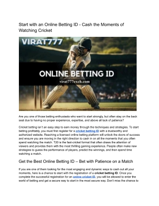 Start with an Online Betting ID - Cash the Moments of Watching Cricket