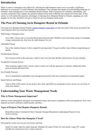 The Pros of Choosing Javis Dumpster Rental in Orlando