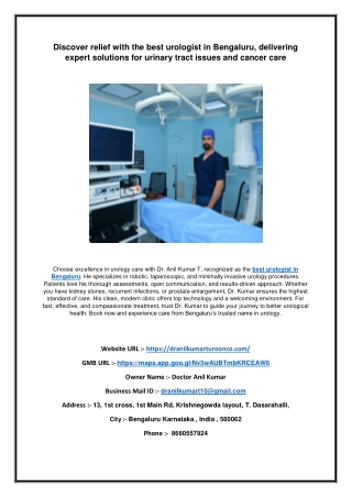 Discover relief with the best urologist in Bengaluru, delivering expert solutions for urinary tract issues and cancer ca