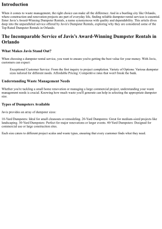 The Incomparable Service of Javis’s Award-Winning Dumpster Rentals in Orlando